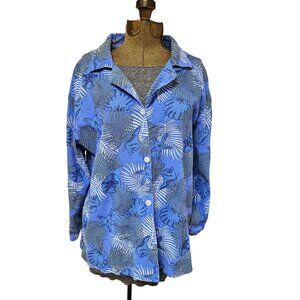 Icantoo Blouse Womens Size M Blue Tropical Print Button Up Shirt Top Cotton